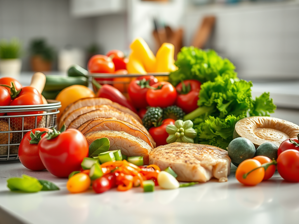 На столе разложены свежие овощи, фрукты и нарезанное мясо, создавая аппетитный натюрморт.